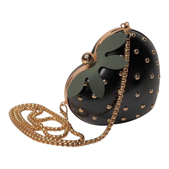 Black Strawberry CROSSBODY Bag Studded Heavy Gold Chain Strap HANDBAG Mini Purse - Picture 1 of 10